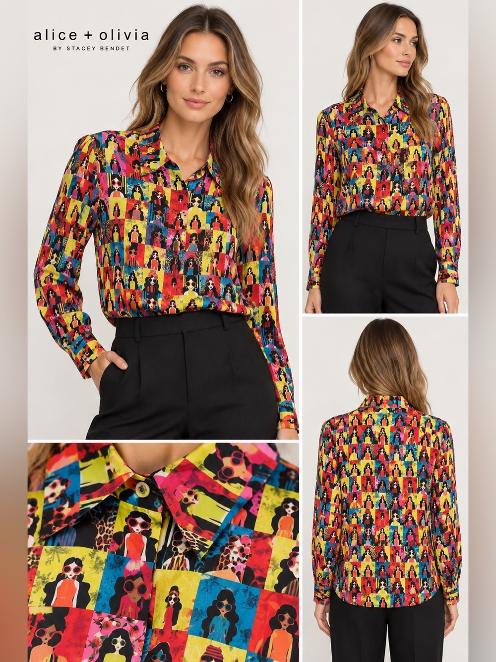 Alice + Olivia Stace Face multicolor blouse 100% silk L